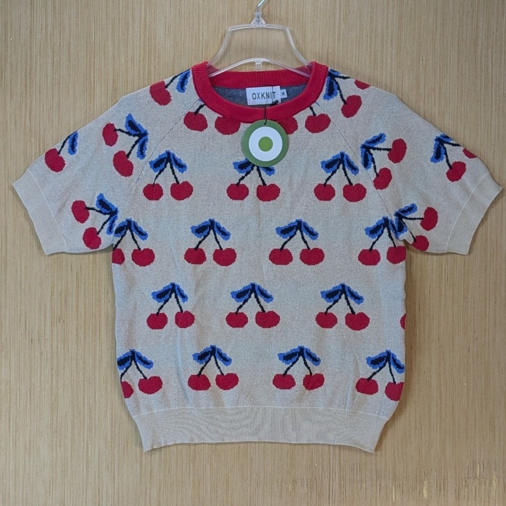 OXKNIT Womens Cherry Print Short Sleeve Cotton Sweater Cream Red Size Medium